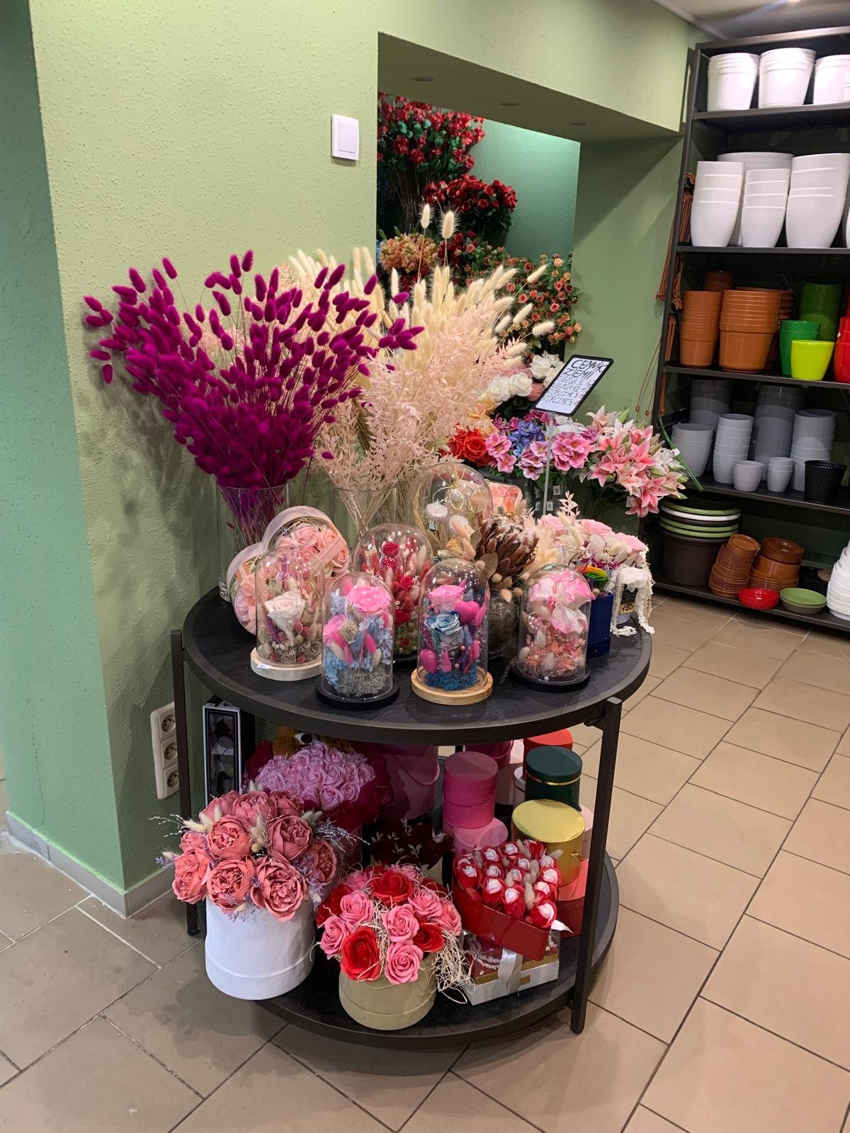 Wnętrze kwiaciarni Rozkwita — susz, kompozycje pod kloszami i flower boxy